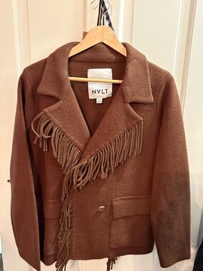 NVLT Brown Fringe Wool-Blend Pea Coat Size L